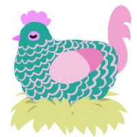 A turquoise and pink chicken with a lace pattern