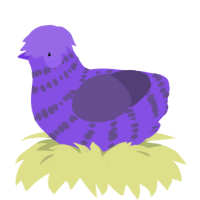 Grimace, a blurple and overcast chicken with a bar pattern