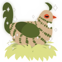 A beige and olive chicken with a bar pattern