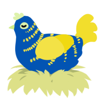 A ultramarine and yellow chicken with a half-bar pattern