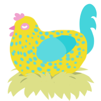 A yellow and aqua chicken with a speckle pattern