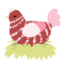 A red and rose chicken with a bar pattern
