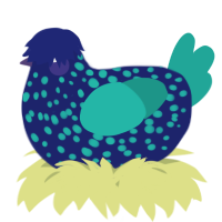 A navy and turquoise chicken with a speckle pattern