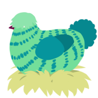 A spring and teal chicken with a bar pattern