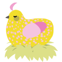 A yellow and pink chicken with a speckle pattern