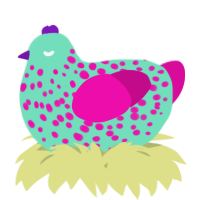 A mint and fuchsia chicken with a speckle pattern