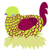 A lime and maroon chicken with a lace pattern