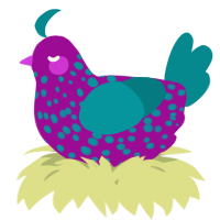 A plum and teal chicken with a speckle pattern