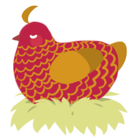 A crimson and ochre chicken with a lace pattern