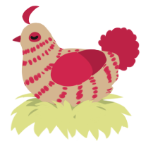 A beige and crimson chicken with a bar pattern