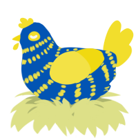 A ultramarine and yellow chicken with a bar pattern