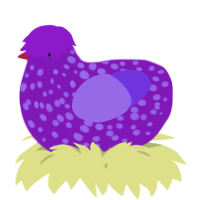 A violet and blurple chicken with a speckle pattern