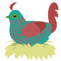 A turquoise and red chicken with a lace pattern