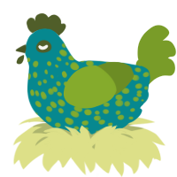 A teal and chartreuse chicken with a speckle pattern
