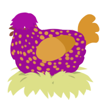 A plum and orange chicken with a speckle pattern