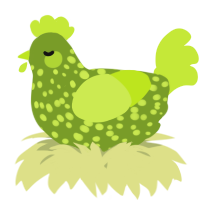 A chartreuse and lime chicken with a speckle pattern