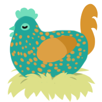 Kiwi, a turquoise and orange chicken with a speckle pattern