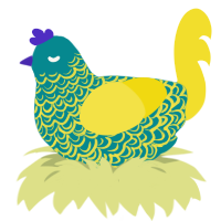 ripples, a teal and yellow chicken with a double-lace pattern