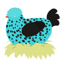 Albrecht, a aqua and sable chicken with a speckle pattern