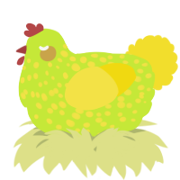A lime and yellow chicken with a speckle pattern