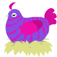 A blurple and fuchsia chicken with a bar pattern