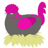 A grey and fuchsia chicken with a neck-speckle pattern