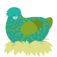 A turquoise and chartreuse chicken with a speckle pattern
