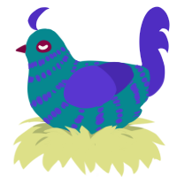 O, a teal and indigo chicken with a bar pattern
