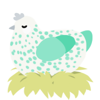 A white and mint chicken with a speckle pattern