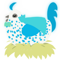 A white and cerulean chicken with a speckle pattern