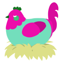 A mint and fuchsia chicken with a head pattern