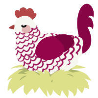 A white and maroon chicken with a lace pattern