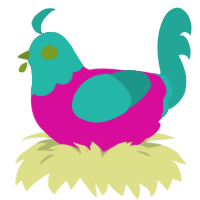 A fuchsia and turquoise chicken with a head pattern