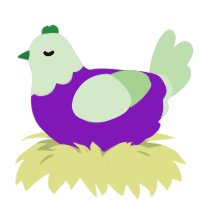 Grub, a violet and gluppy chicken with a head pattern