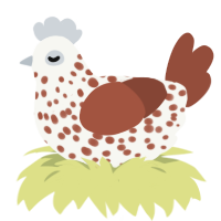 A white and russet chicken with a speckle pattern