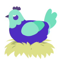 A indigo and mint chicken with a head pattern