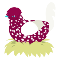 evil shroom baby, a maroon and white chicken with a speckle pattern