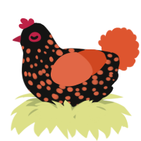 A black and vermilion chicken with a speckle pattern