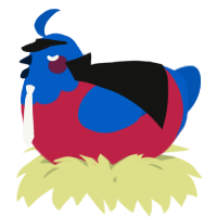 A crimson and ultramarine chicken with a head pattern