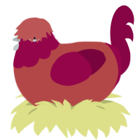 A red and maroon chicken with a head pattern