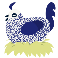 Royalty, a white and navy chicken with a double-lace pattern