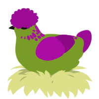 A chartreuse and plum chicken with a neck-speckle pattern