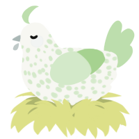 A white and gluppy chicken with a speckle pattern