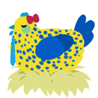 A yellow and ultramarine chicken with a speckle pattern