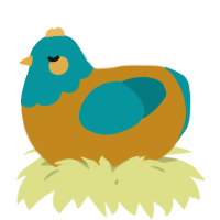A ochre and teal chicken with a head pattern