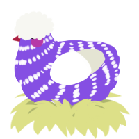 A blurple and white chicken with a bar pattern