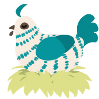 A cream and teal chicken with a bar pattern