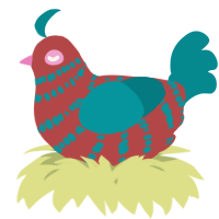 A red and teal chicken with a bar pattern