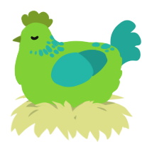 A grass and turquoise chicken with a neck-speckle pattern