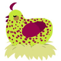 Small disease, a lime and maroon chicken with a speckle pattern